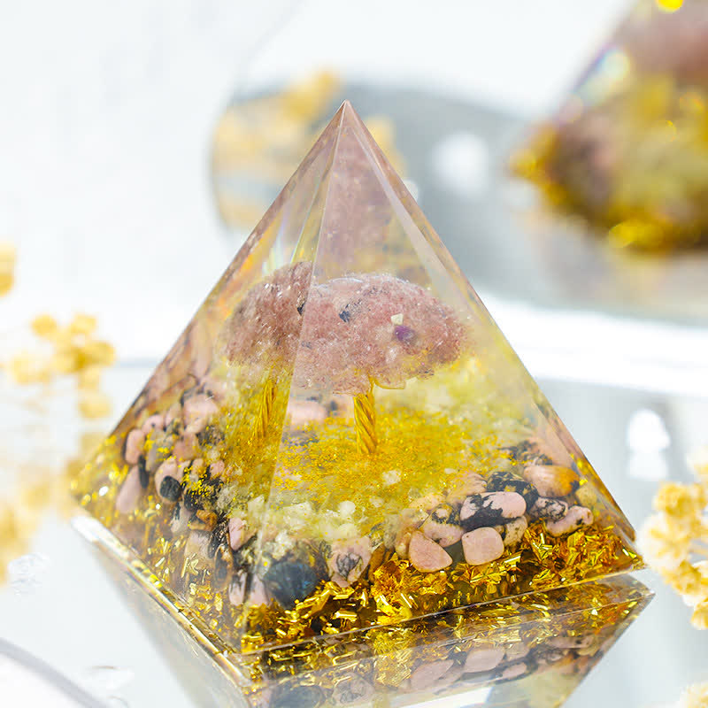 Olivenorma Erdbeerquarz mit Rhodonit Baum des Lebens Orgone Pyramide