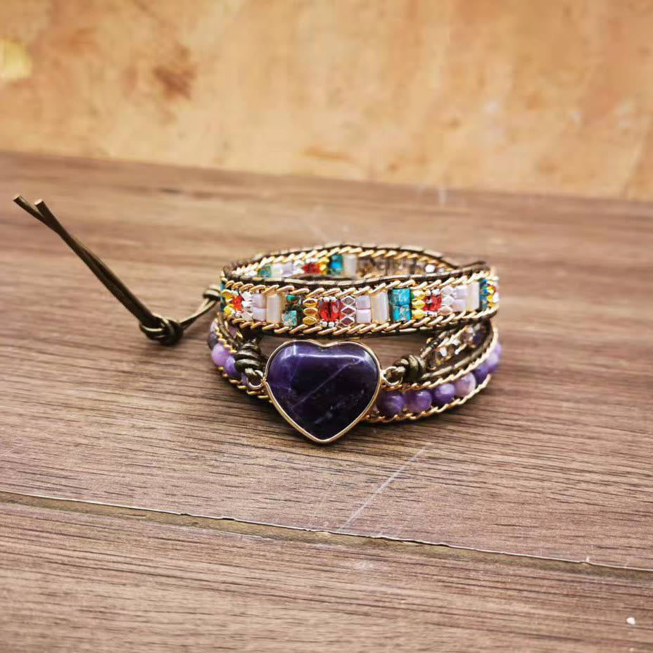 Olivenorma Amethyst Herz Charm Perlen Wickelarmband