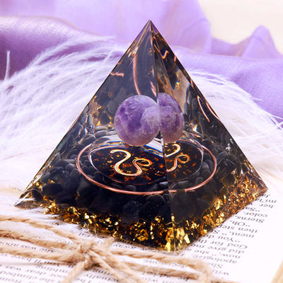 Olivenorma Amethystkugel mit Obsidian Zodiac Löwe Orgonpyramide 