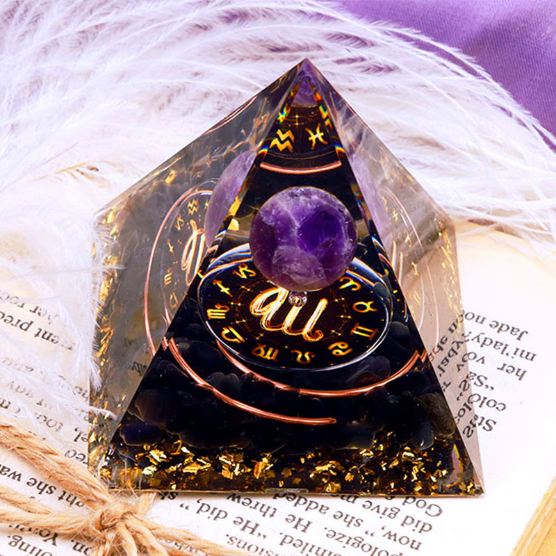 Olivenorma Amethystkugel mit Obsidian Zodiac Jungfrau Orgon-Pyramide 