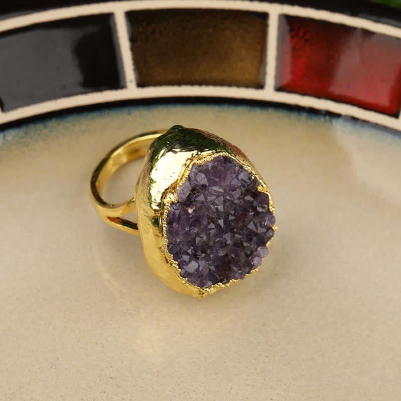 Olivenorma Gold Natürlicher Verstellbarer Amethyst Edelsteinring 