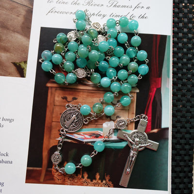 Olivenorma Amazonit-Medaillenkreuz-Rosenkranz-Anhänger-Halskette - image 4
