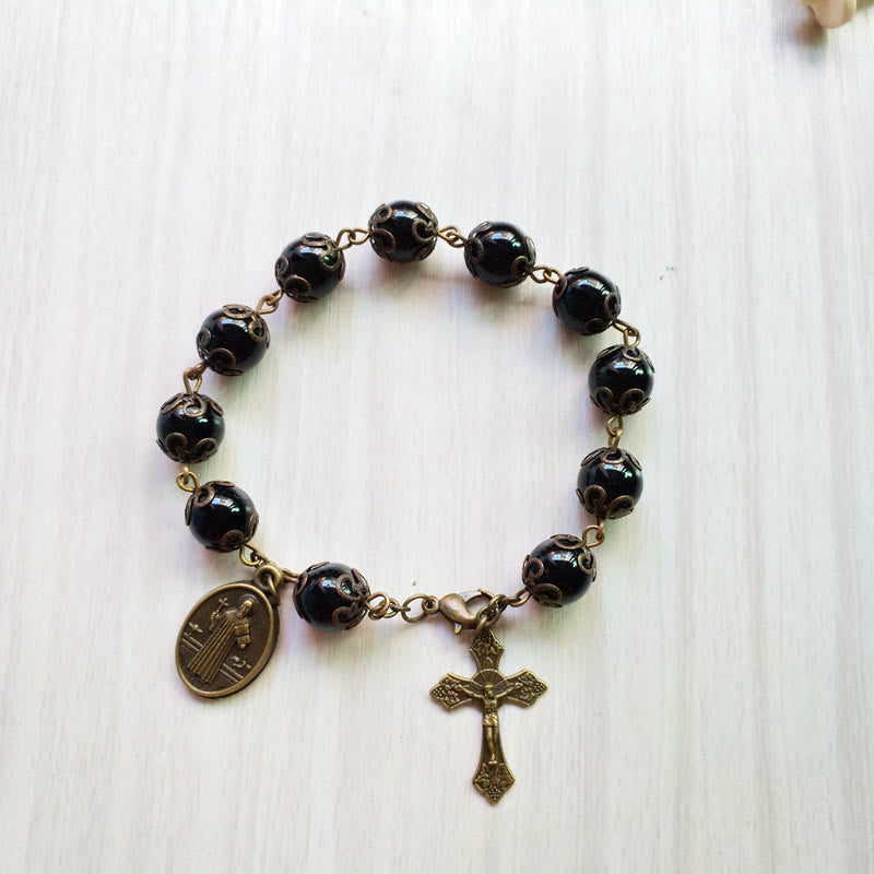 Olivenorma Obsidian Heiliger Medaillen-Kreuz-Anhänger Rosenkranz-Armband 