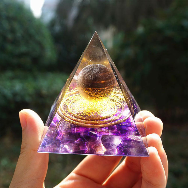 Olivenorma Tigerauge Kristallkugel mit Amethyst Orgon-Pyramide 