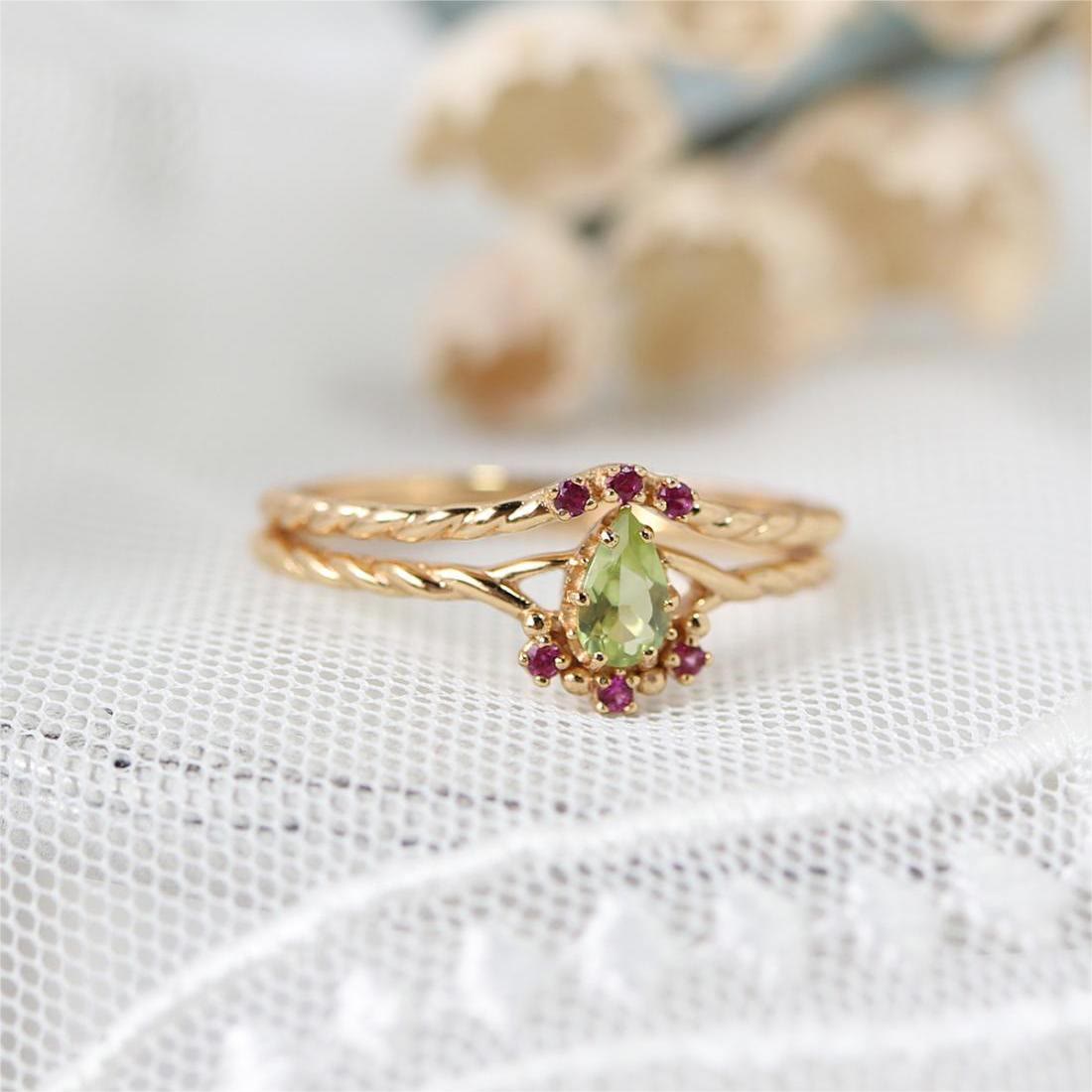 Olivenorma Zierliches Peridot Pink Kristall Stapelbares Verstellbares Ringset 