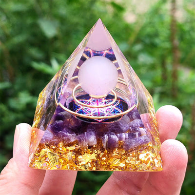 Olivenorma Amethyst mit Rosenquarz Orgon Pyramide 