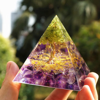 Olivenorma Peridot mit Amethyst Baum des Lebens Orgon Pyramide 