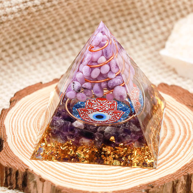 Olivenorma Amethyst Mit Lila Jade Hamsa Schutz Orgon-Pyramide