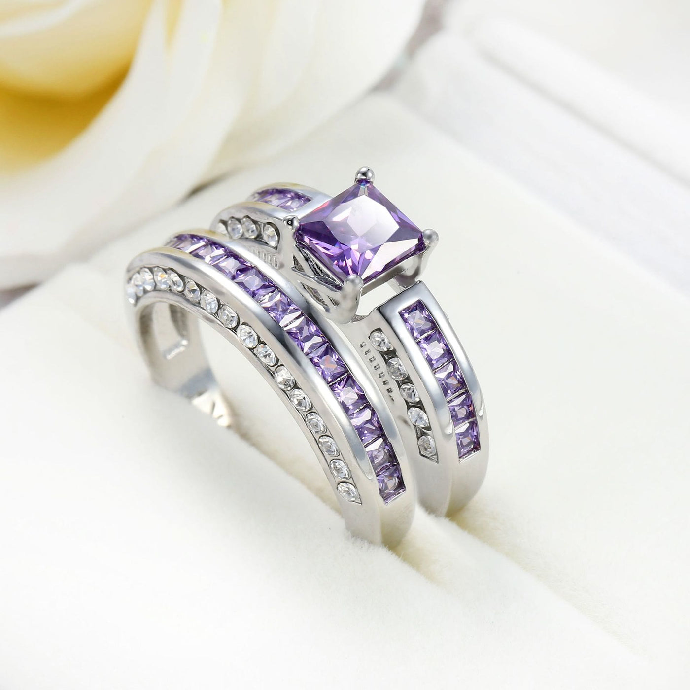 Olivenorma Amethyst Weiß Zirkon Ring Set Paar von Ringen