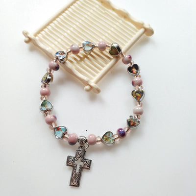 Olivenormacolorful Natursteinperlen Christentum Kreuz Armband 