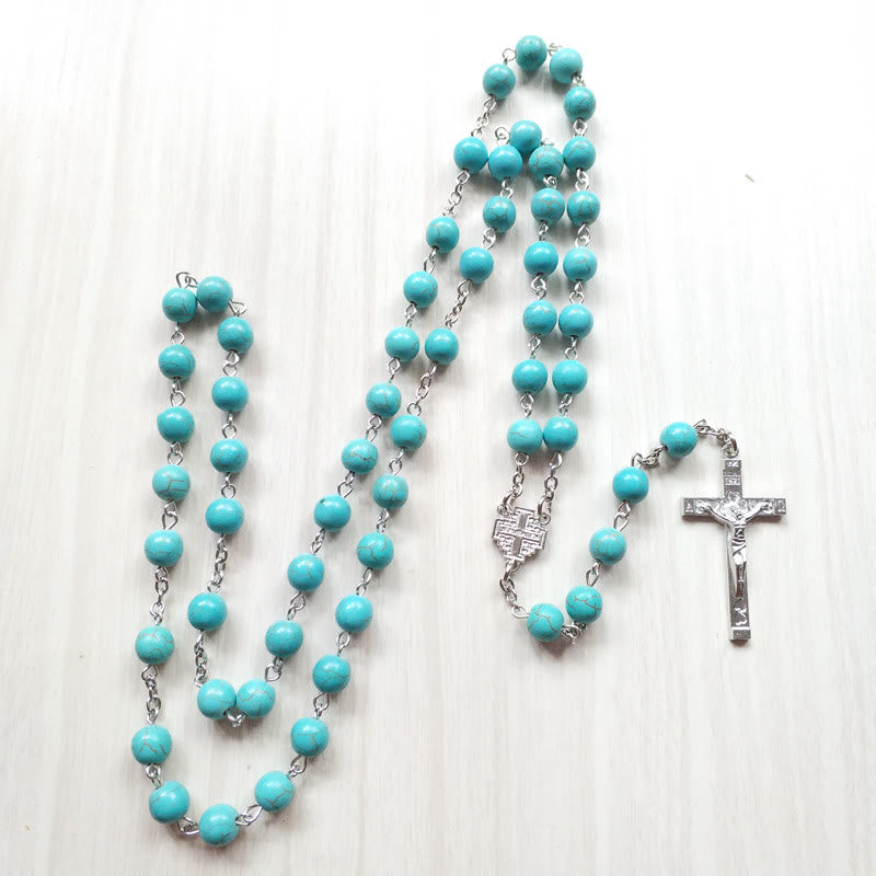Olivenorma Türkis Kreuz Charm Rosenkranz Halskette - image 2