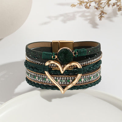 Olivenorma Multicolor Kristallcluster Metallic Herz Geflochtenes Lederarmband 