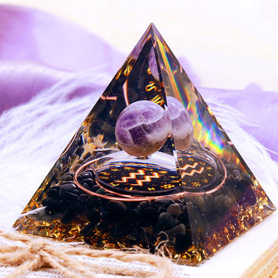 Olivenorma Amethyst-Kugel mit Obsidian-Zodiac-Wassermann-Orgon-Pyramide