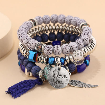 Olivenorma 4-Stück Bohemia Perlen Quasten Feder Armband Set