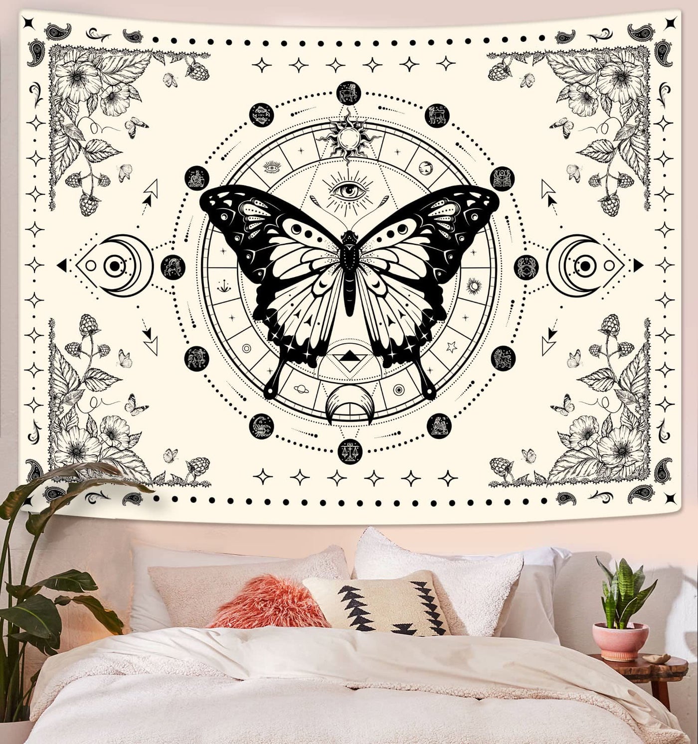 Olivenorma Black Butterfly Moon Flower Beige Wandteppich