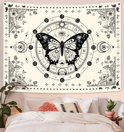 Olivenorma Black Butterfly Moon Flower Beige Wandteppich