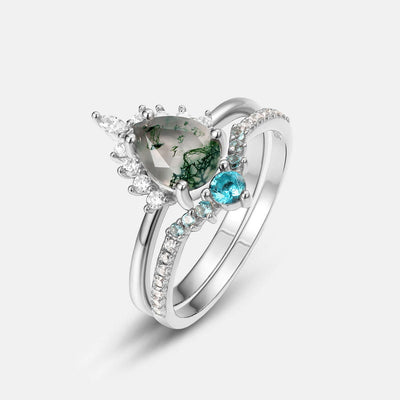 Olivenorma Moosachat Paraiba Turmalin 2 Stück 925 Silber Ring