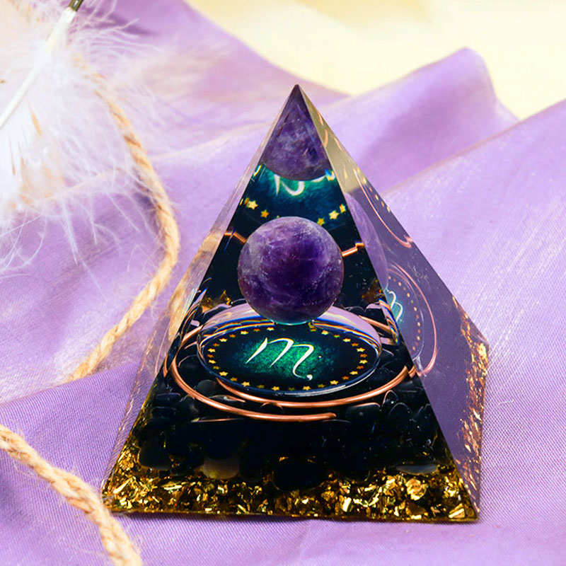 Olivenorma Amethystkugel mit Obsidian Zodiac Skorpion Orgon Pyramide 