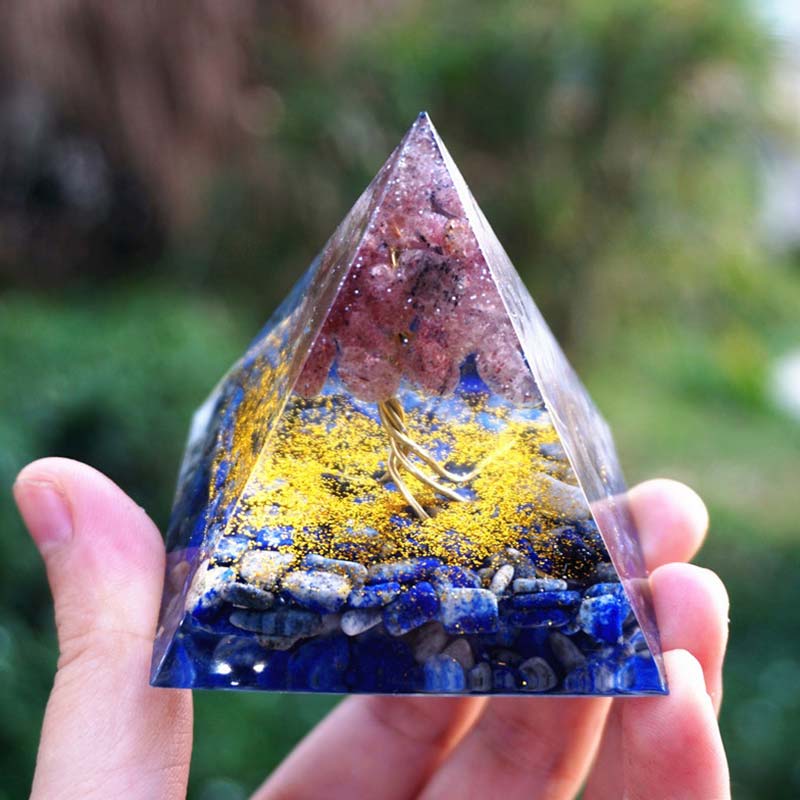 Olivenorma Lapislazuli mit Erdbeerquarz Baum des Lebens Orgonpyramide 