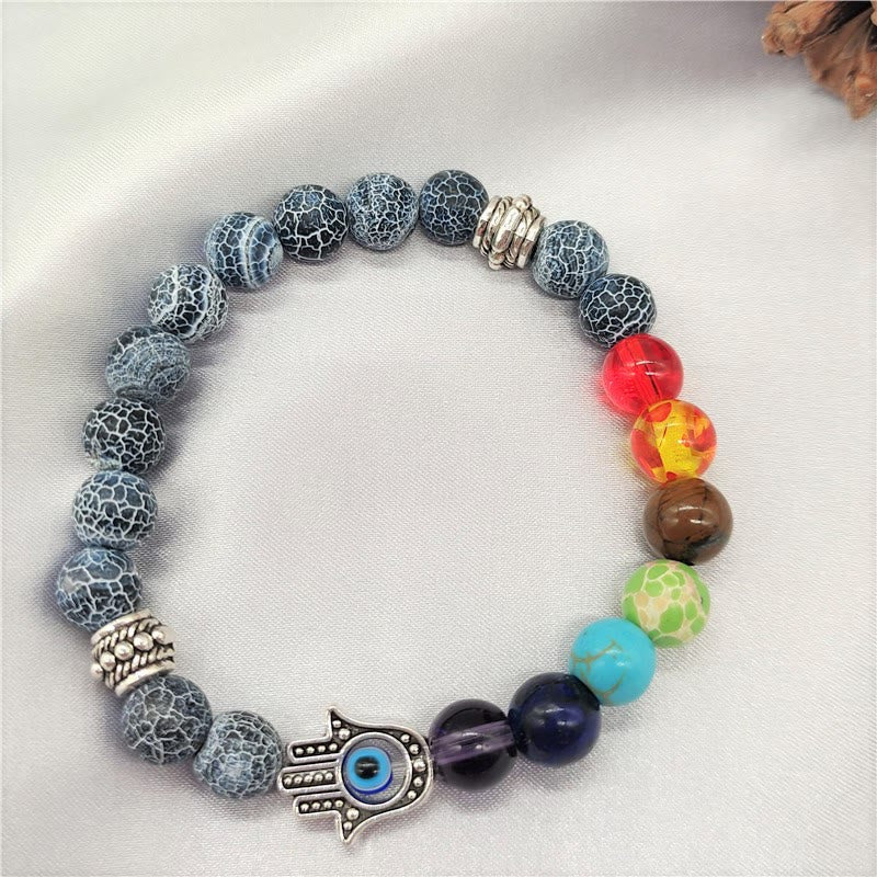 Olivenorma Buntes Chakra Böses Auge Hamsa Perlenarmband