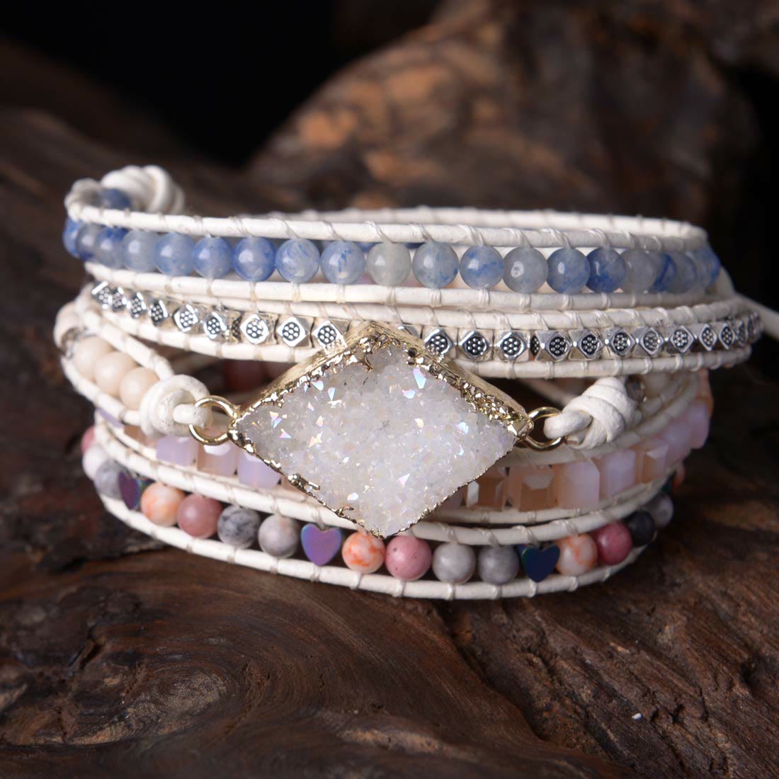 Olivenorma Rosenquarz Disthen Boho Handgemachtes Wickelarmband 