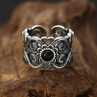 Olivenorma Ethnischer Einstellbarer Ring mit Schwarzem Onyx-Muster