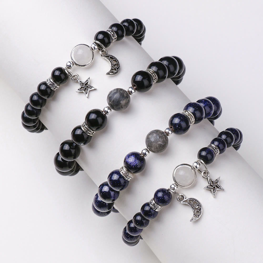 Olivenorma Blauer Sandstein Obsidian 6mm Perlen Sterne und Mond Armband