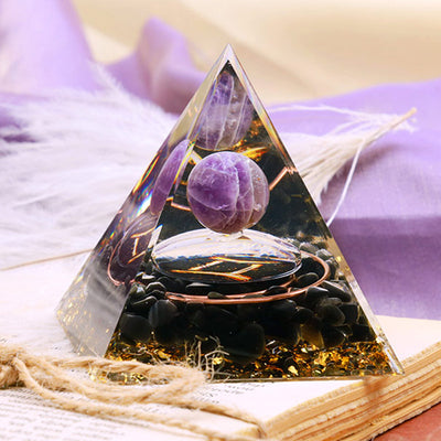 Olivenorma Amethyst Kugel mit Obsidian Zodiac Zwillinge Orgone Pyramide