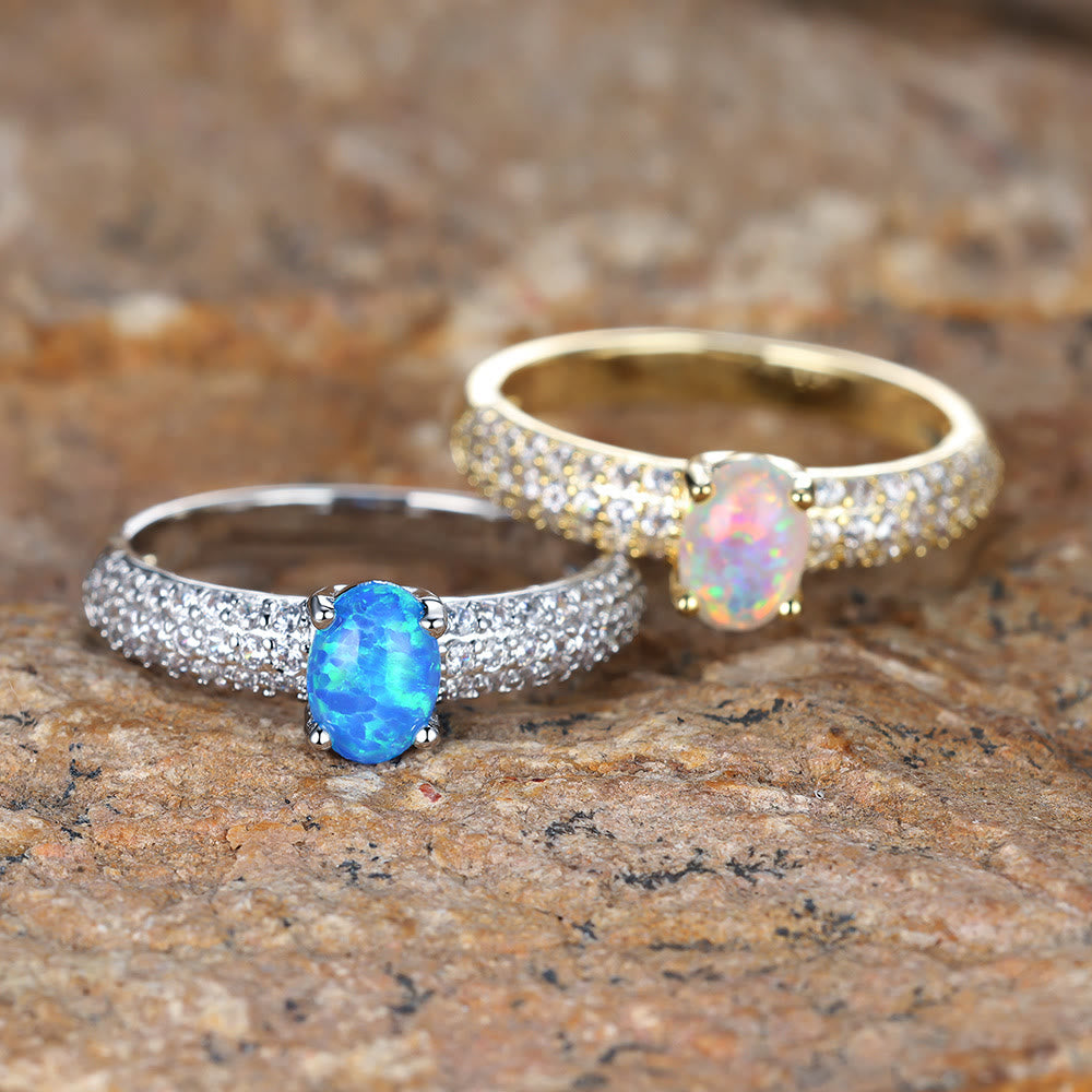 Olivenorma "Glänzende Eleganz" Runder Opal Zirkon Rand Ring