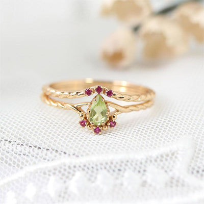 Olivenorma Zierliches Peridot Pink Kristall Stapelbares Verstellbares Ringset 