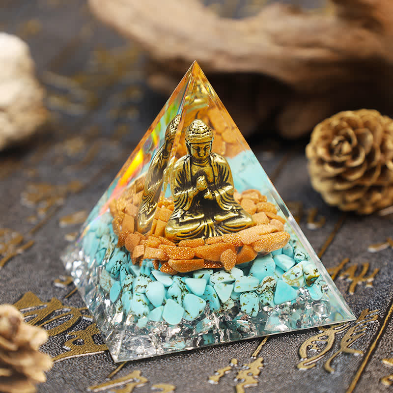 Olivenorma Sandstein mit Türkis Buddha Orgonen Pyramide 