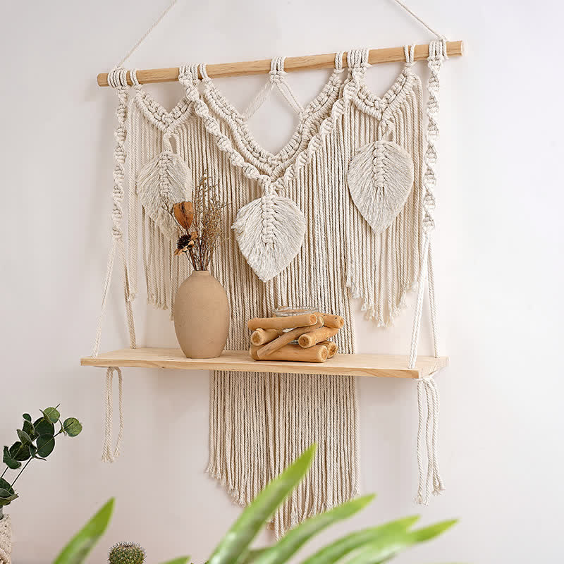 Olivenorma Boho Gewebter Wandteppich mit Holzregal Wanddekoration