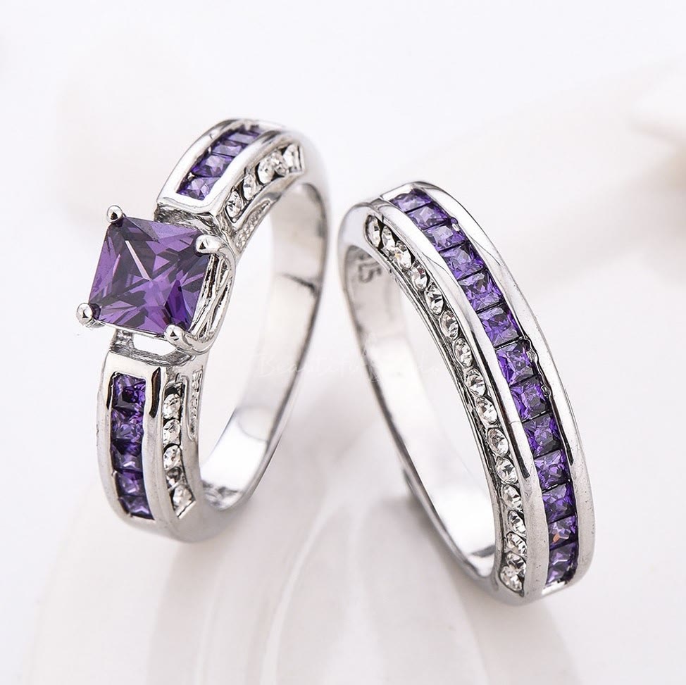 Olivenorma Amethyst Weiß Zirkon Ring Set Paar von Ringen