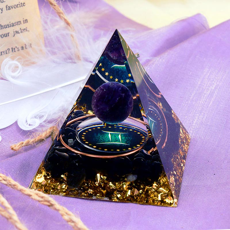 Olivenorma Amethystkugel mit Obsidian-Zwillinge-Orgonpyramide 