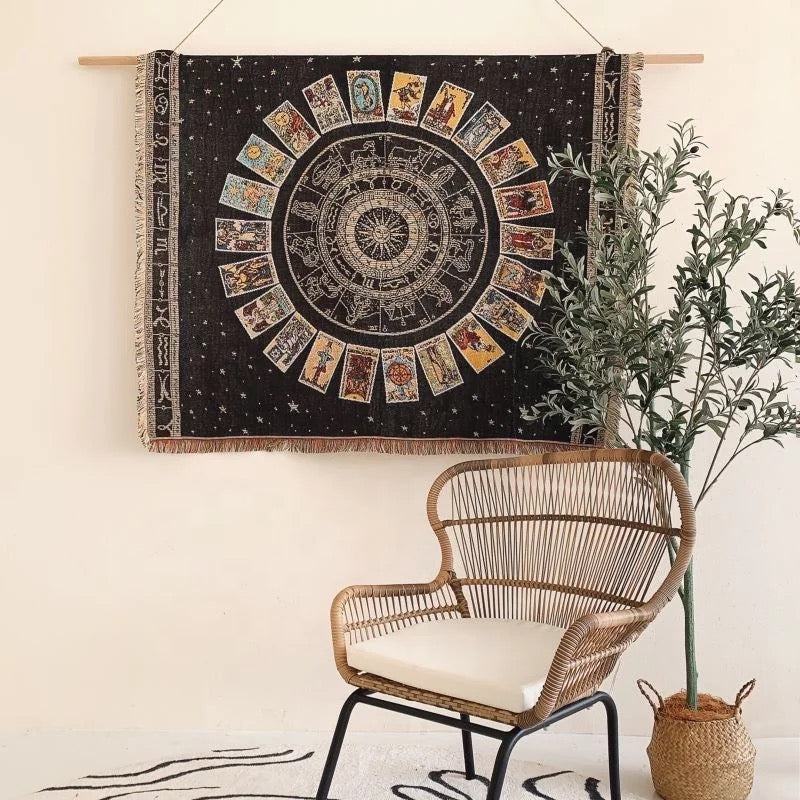 Olivenorma Tarotkarten-Kompass gewebte Boho-Decke mit Quasten