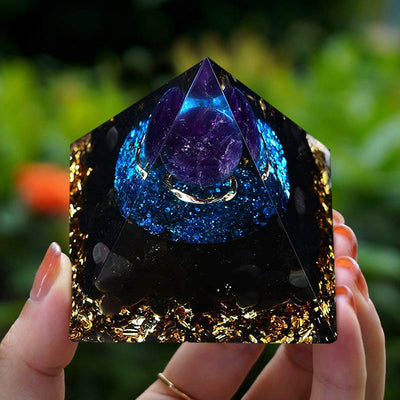 Olivenorma Amethystkugel mit Blauer Quarz Reki Orgon-Pyramide 