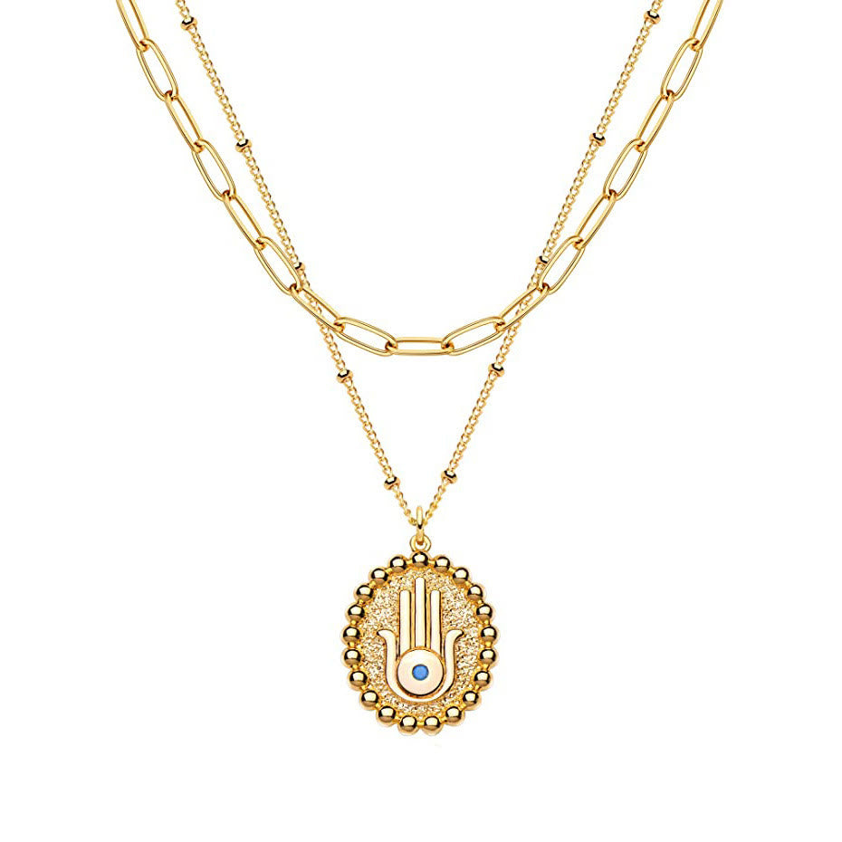 Olivenorma Evil Eye Hamsa Goldfarbene mehrreihige Kettenhalskette 