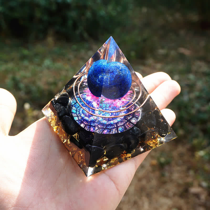 Olivenorma Lapislazuli-Kugel mit Obsidian-Orgon-Pyramide 