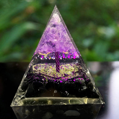 Olivenorma Amethyst-Sphäre mit Obsidian-Orgonpyramide