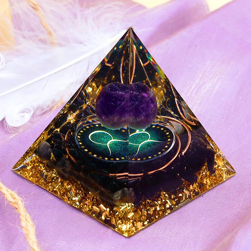 Olivenorma Amethystkugel mit Obsidian-Zodiac-Stier-Orgonpyramide 