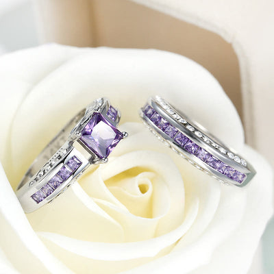 Olivenorma Amethyst Weiß Zirkon Ring Set Paar von Ringen