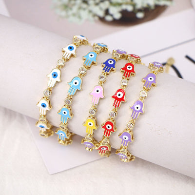 Olivenorma Farbig Emailliertes Zirkon Evil Eye Hamsa Armband