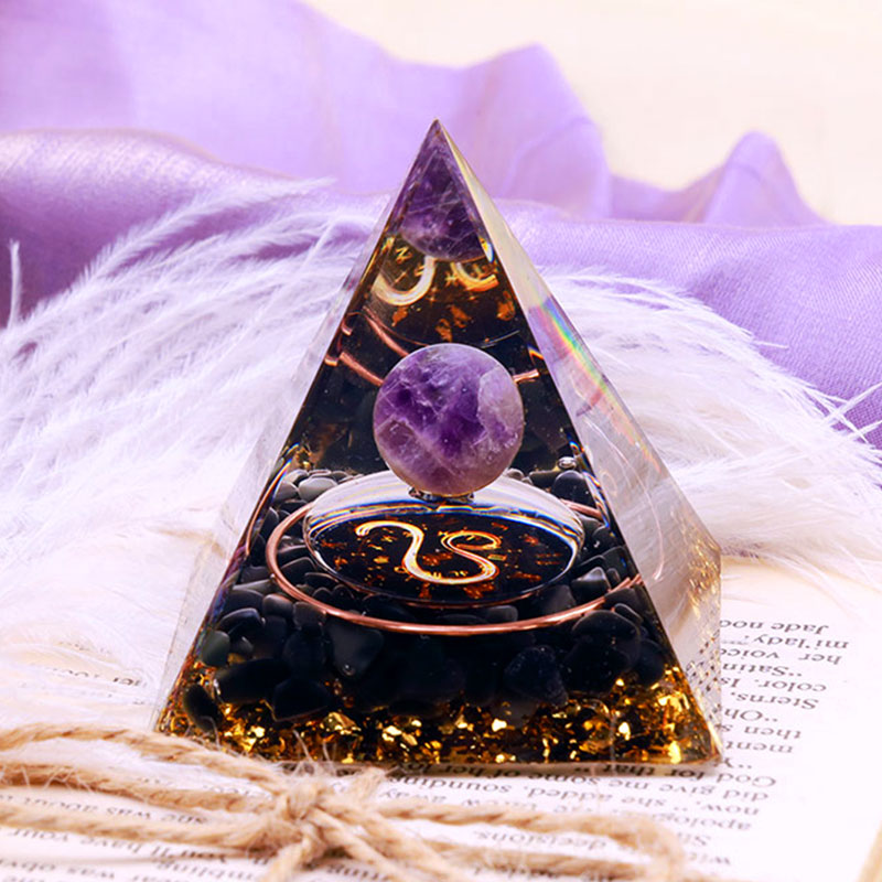 Olivenorma Amethystkugel mit Obsidian Zodiac Löwe Orgonpyramide 