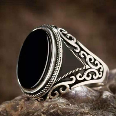 Olivenorma Retro handgefertigter schwarzer Onyx-Türkischer Ring 