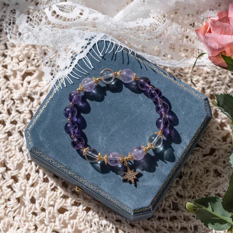 Olivenorma Amethyst Lepidolit Achtzackiger Sternanhänger Armband 