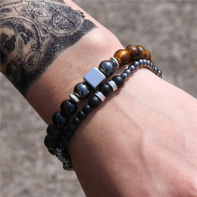 Olivenorma Stretch-Armbandset mit mattiertem Tigerauge und schwarzem Würfel 