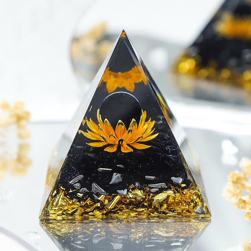 (Räumungsverkauf 30% RABATT / CODE: OFF30) - Olivenorma "Licht im Dunkeln" - Schwarzer Onyx Lotus Orgon Pyramide 