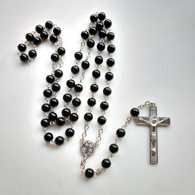 Olivenorma gotische Kreuz-Schwarzer-Onyx-Rosenkranz-Halskette