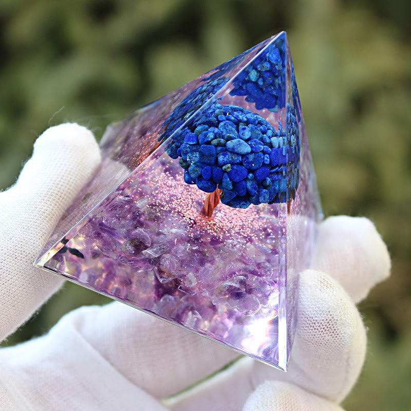 Olivenorma Lapislazuli Amethyst Baum des Lebens Orgonpyramide