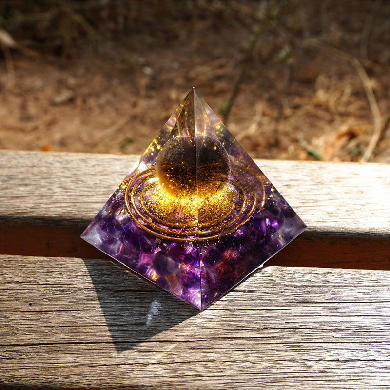 Olivenorma Tigerauge Kristallkugel mit Amethyst Orgon-Pyramide 